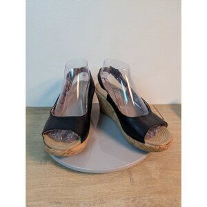 CROCS A-Leigh Black Leather Cork Wedge Slingbacks Sandals Size 8 Flaw